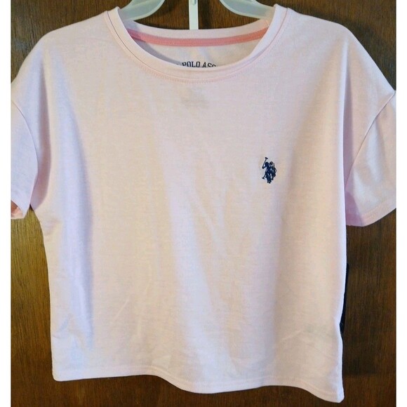 US Polo Assn Cropped T-shirt Pink Blue Logo Womens XS Stretchy Summer Vibes - Picture 2 of 16